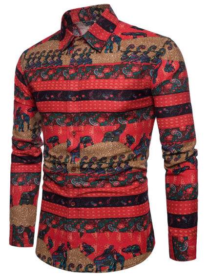 Mens Vintage Style Shirt • Elephant Print • Red