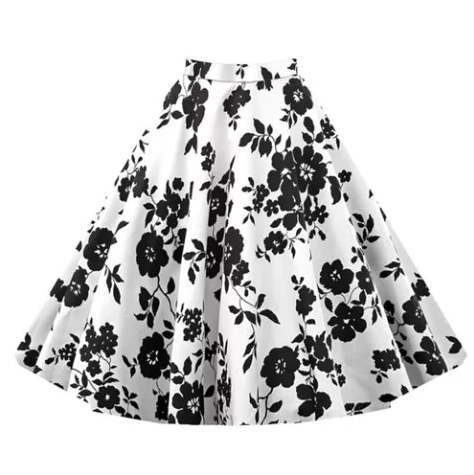 Vintage Style Flared Skirt Black and White Floral Print