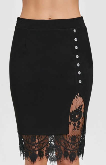 Bodycon Skirt with Slit and Lace Trim