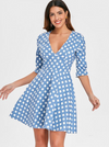 Polka Dot Flare Dress with V Neck Line • Blue with White Spots