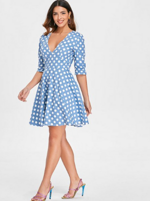 Polka Dot Flare Dress with V Neck Line • Blue with White Spots
