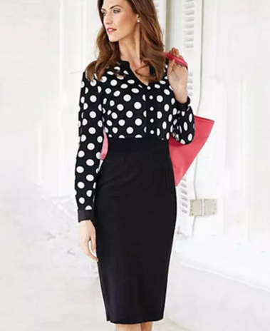 Womens Long sleeve Polka Dot Dress with Black Skirt