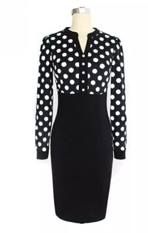 Womens Long sleeve Polka Dot Dress with Black Skirt