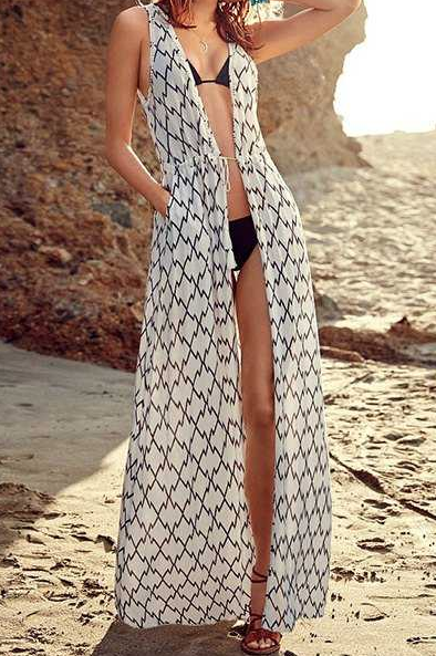 Womens Sleeveless Chiffon Kimono • White and Black