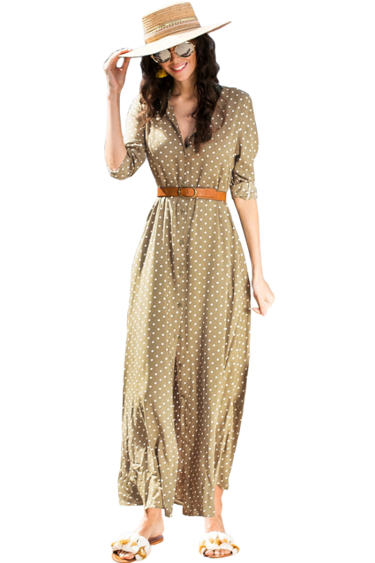 Womens Olive Polka Dot Shirt Dress 