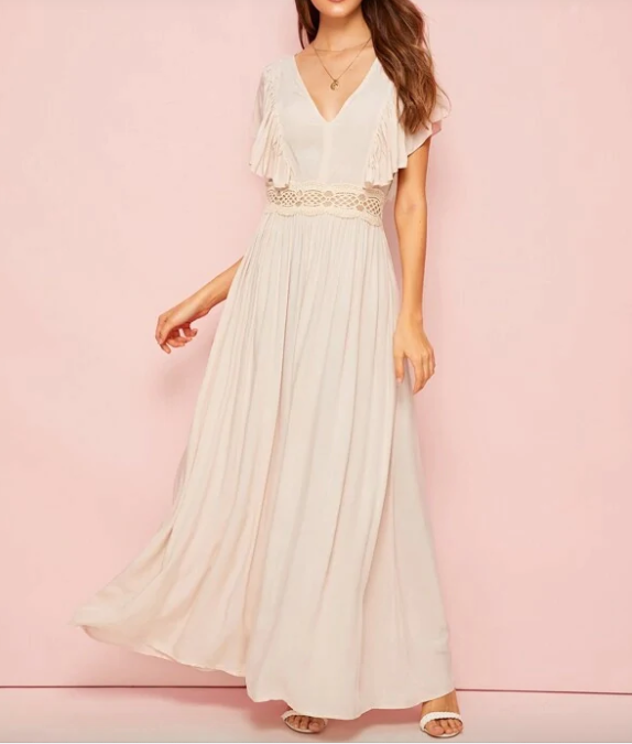 Womens V Neck Ruffle Trim Dress