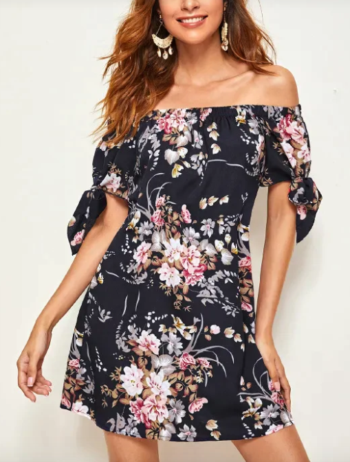 Womens Knotted Sleeve Floral Dress