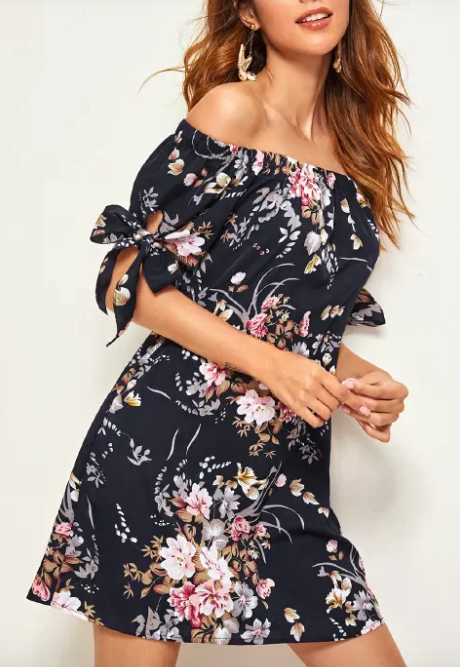 Womens Knotted Sleeve Floral Dress
