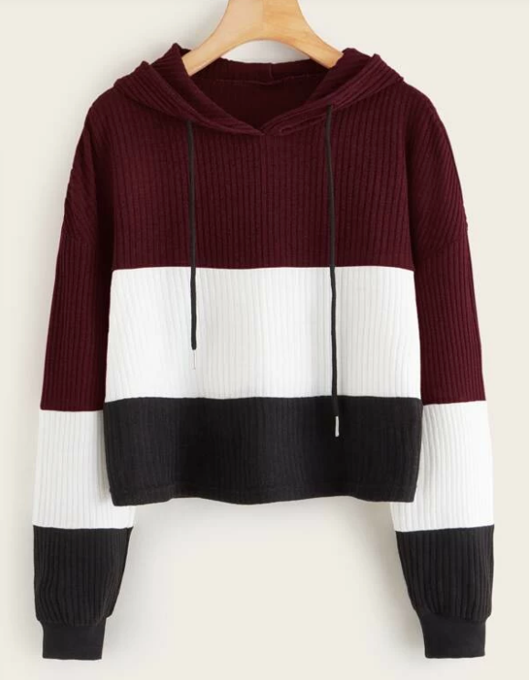 Womens Colour Block Crop Hoodie • Maroon White and Black