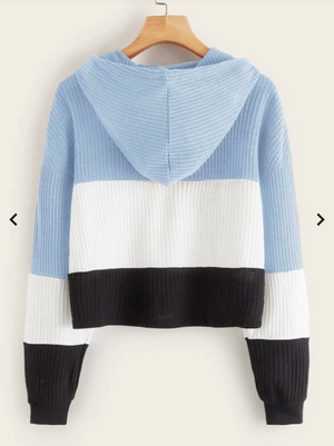 Womens Colour Block Crop Hoodie • Blue White and Black