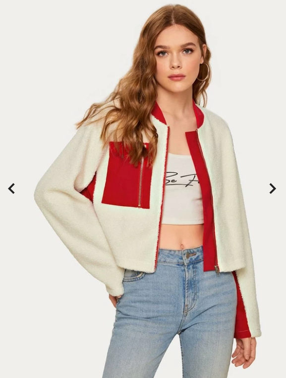 Womens White Teddy Bomber Jacket with Red Contrast