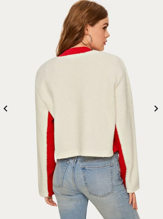Womens White Teddy Bomber Jacket with Red Contrast