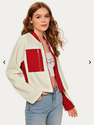 Womens White Teddy Bomber Jacket with Red Contrast