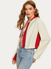 Womens White Teddy Bomber Jacket with Red Contrast