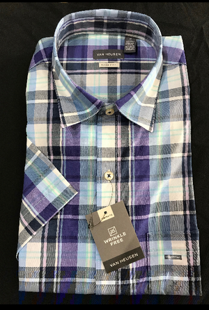 Van Heusen Mens Short Sleeve Shirt • Blue, Purple and Navy Plaid and Green, Blue and Black Plaid