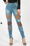 Womens Frayed Fishnet Skinny Jeans