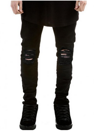 Men's Black Denim Jeans • Skinny Frayed Knee