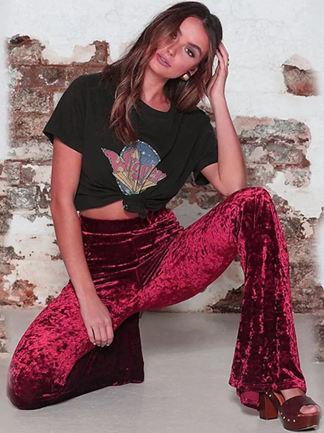 Womens RED BURGUNDY Velvet Flared Pants