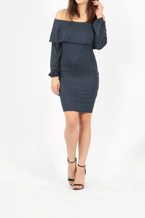 Foil Stripe Frill Bardot Bodycon Dress